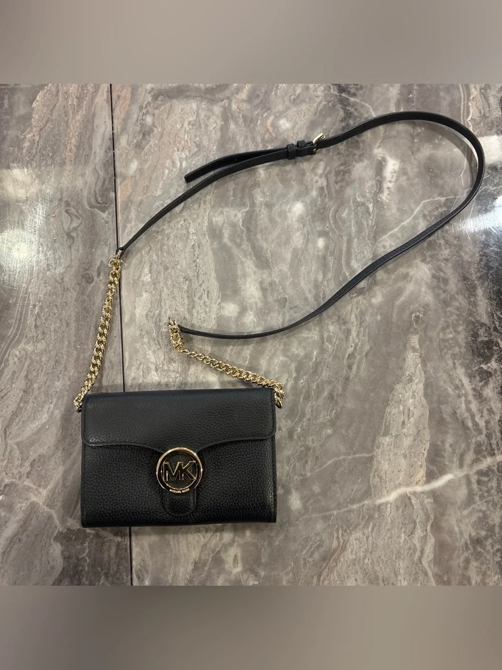 Michael Kors Black Pebbled Leather Crossbody with Gold MK Emblem - Picture 1 of 7